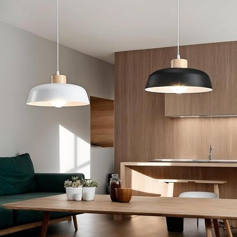 Suspension ronde en métal de 300 mm de couleur macaron, finition en bois simple E27 Loft Bar Plafonnier, Lustre de salle à manger d'îlot de cuisine (Blanc) (1/4)