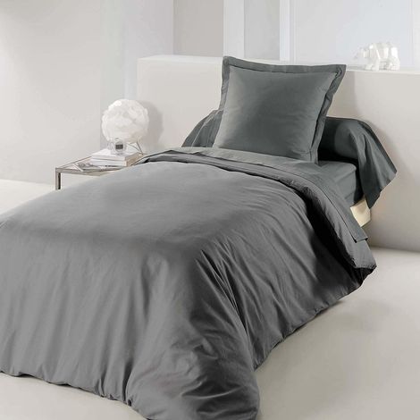 Douceur D'Intérieur – Housse de couette 1 personne 140 x 200 cm – 100% coton – 57 fils/cm² – Gris foncé uni – Fente passe main et finitions boutonnières (1/5)