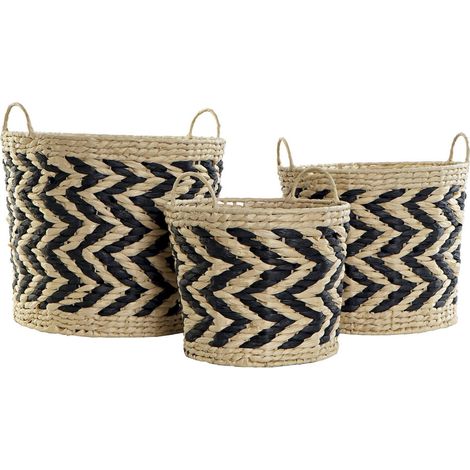 Panier tressé élégant et pratique en fibres naturelles - Marron clair avec motifs noirs tressés (1/4)