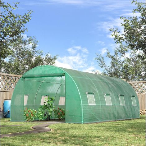 Serre tunnel 590x300x200 cm en acier vert, 8 fenêtres, porte enroulable pour jardin FloraGrace (1/5)
