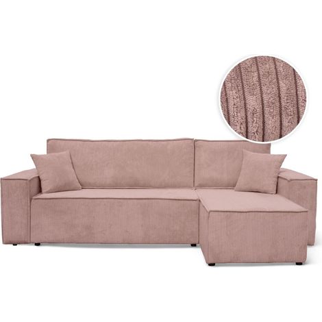 Loungitude – Canapé d'angle convertible 4 places en velours côtelé – Réversible – Coffre de rangement – Dossier basculant – Rose (1/5)