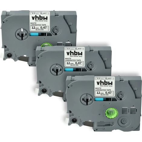 Cassette de ruban d'étiquettes vhbw 3x compatible avec les imprimantes d'étiquettes Brother PT 1290BT, 1290BT2, 1290RS, 1290DT et 1290, 8 m x 12 mm, noir sur blanc, plastique (1/5)