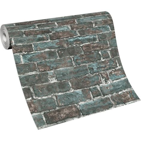 Papier peint original motif pierre turquoise & marron Tapisserie imitation brique style industrielle Papier peint brique moderne pour cuisine (1/5)
