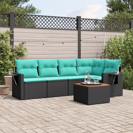 6-teiliges Gartensofa-Set mit Kissen, schwarzes Polyrattan (1/5)