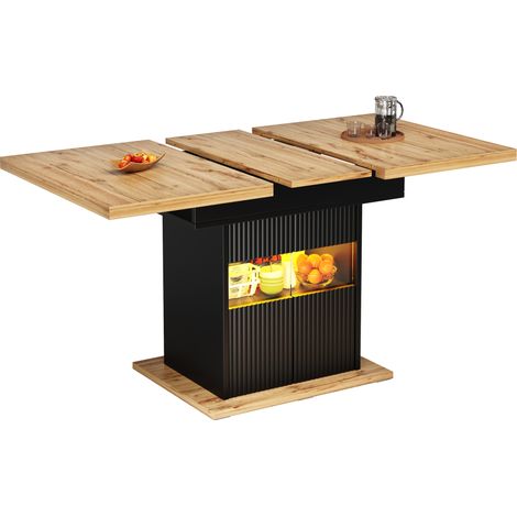 Table à manger extensible avec rangement et LED, 110 à 140 cm, plateau MDF noir aspect bois, étagère réglable, capacité 60 kg, pour cuisine et salle à manger - CHICFURN (1/5)