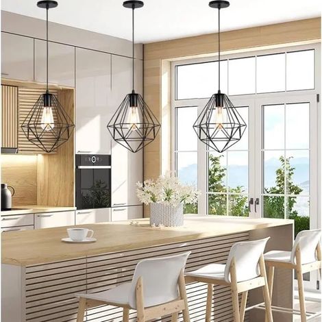 kawoo Lot de 3 Lustre Vintage,Lampe Suspension Industrielle en Cage Fer Style Edison pour Salon Chambre,Noir (1/4)