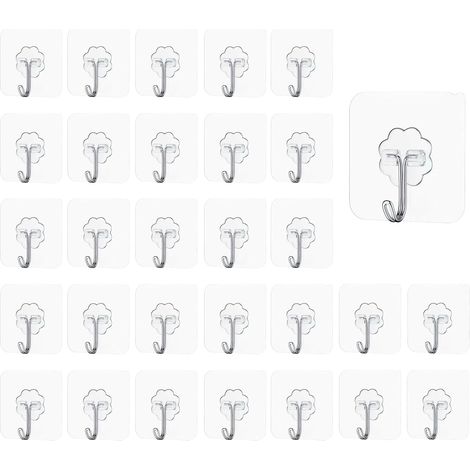 30 Pieces Adhesive Wall Hooks, No Drilling Required, for Bathroom, Kitchen, Ceiling, Hanging Keys, Towels, Kitchen Utensils (1/5)