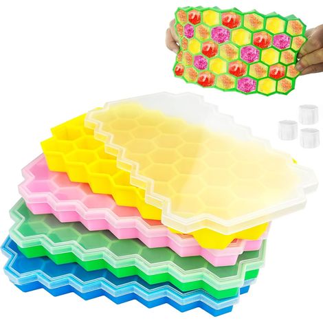 Bandeja de silicona para cubitos de hielo de 4 piezas y 37 compartimentos - Molde para cubitos de hielo con tapa - Ahorra espacio, apilable, libre de BPA, de fácil extracción. (1/5)