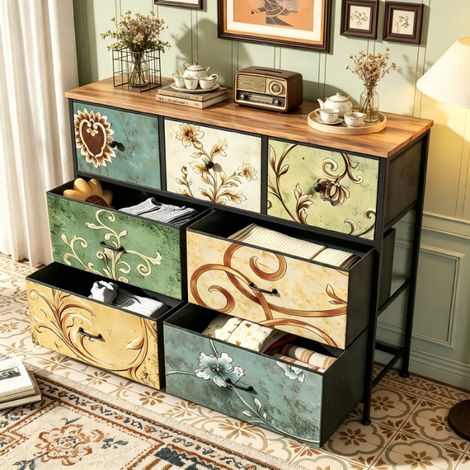 Buffet, Armoire à 7 tirtors 100x30x78 cm, Meuble de Rangement,  poignées noires, motif Vintage, cadre en métal noir, adaptée au salon, chambre à coucher