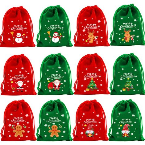 12 sacs cadeaux de Noël rouges et verts, pochettes en flanelle à cordon, 1012cm, adaptés aux cadeaux de fête de Noël. (1/4)