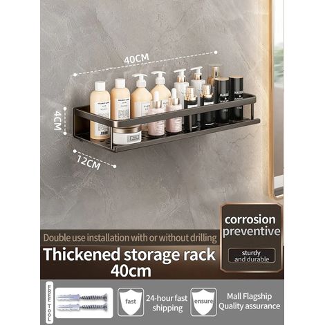 Étagère murale en aluminium (noir, 40 cm) pour salle de bain, rangement pour shampoing, organisateur de cuisine. (1/5)
