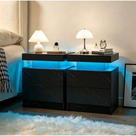 MEUBLIV Lote de 2 mesitas de noche LED 50 x 36 x 53 cm negro y dorado – 2 cajones (1/5)