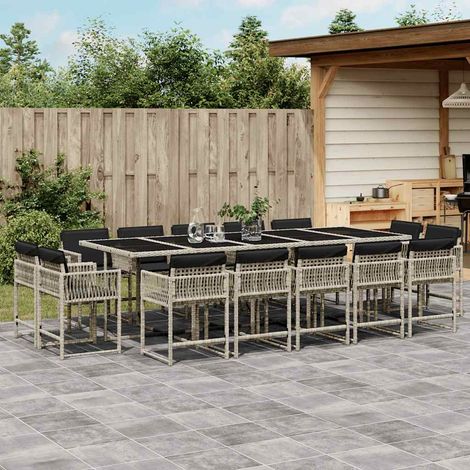 Salon de jardin repas 15 pièces avec 14 chaises et coussins, résine tressée gris clair - PANGIVO (1/5)