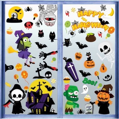 Halloween Fenêtre Autocollant,9 Feuilles Décoration Autocollants PVC Double Face,Stickers d'Halloween mul DECORATION DE FETE MURALE (1/5)