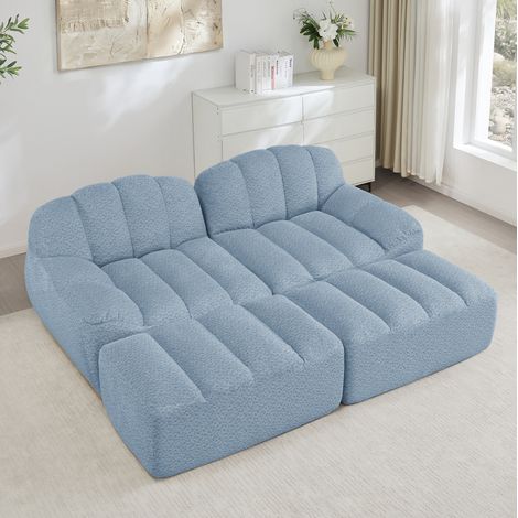 Sofá modular de 2 plazas con 2 otomanas de tejido fleece granular azul, espuma 32D, sin estructura y diseño antideslizante (1/5)