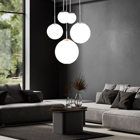 Globo – Suspension moderne en métal argenté – 5 flammes en verre opale – Hauteur 90 cm – Douilles E27 – Éclairage optimal pour salon (1/5)