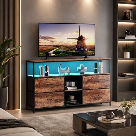 Meuble TV 108×30×77cm, 4 tiroirs de rangement,multifonctionnel, banc TV pour salon,étagères ouvertes,grande capacité,armoire TV,lumières LED,style moderne,pieds réglables,cadre en métal,Chêne tigré (1/5)