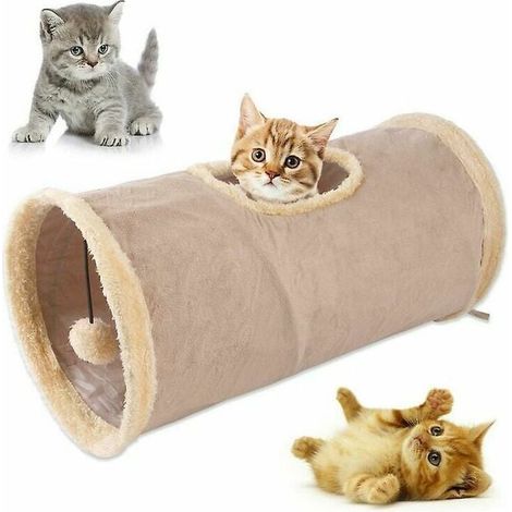 Túnel plegable para gatos, túnel de juego para gatos, túnel de juego de gamuza resistente con pelota caqui (1/5)