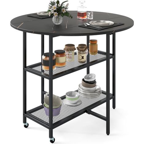 COSTWAY Tavolo Pieghevole Salvaspazio 100 x 100 x 80 cm, Tavolo da Pranzo Estensibile per 2-4 Persone con 2 Mensole di Stoccaggio e Ruote Bloccabili per Soggiorno, Appartamento e Ufficio (Nero) (1/5)