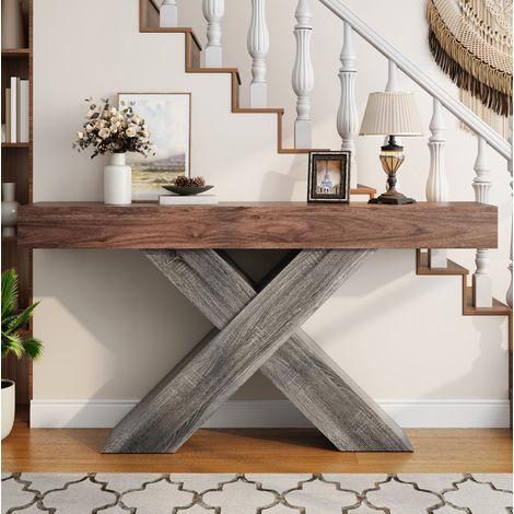 Consola estrecha con patas en X, 140 x 30 x 80 cm, efecto madera, nogal HAVRYA (1/5)