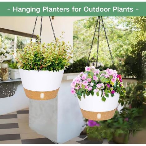 Lot de 2 jardinières suspendues, plastique blanc, diamètre 25 cm, drainage intégré, intérieur extérieur (1/5)