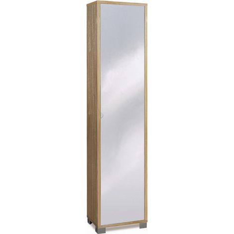 Colonne avec 1 porte miroir 43L x 29P x H190 cm – Finition noyer Stelvio – 4 étagères réglables – Poignée aluminium bruni – Pieds chrome satiné – Sarmog (1/5)