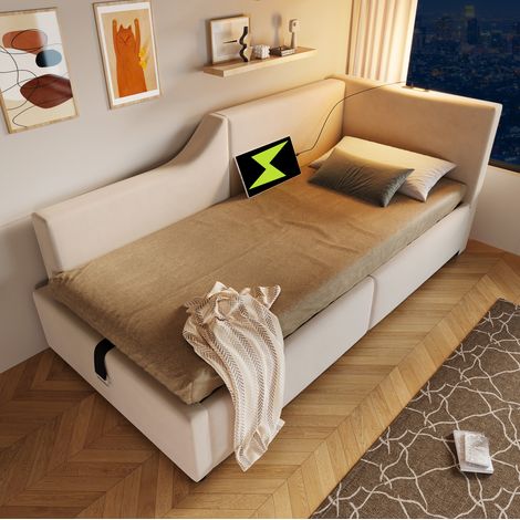 Bett Tagesbett aus Samt Beige 90x200 cm mit hydraulischem Stauraum, Leselicht und USB-C (1/5)