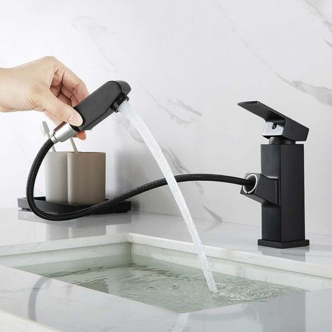 Basin Mixer Tap with Pull-Out Spray Head, Black Bathroom Mixer Tap, Tap Height 18mm (1/4)