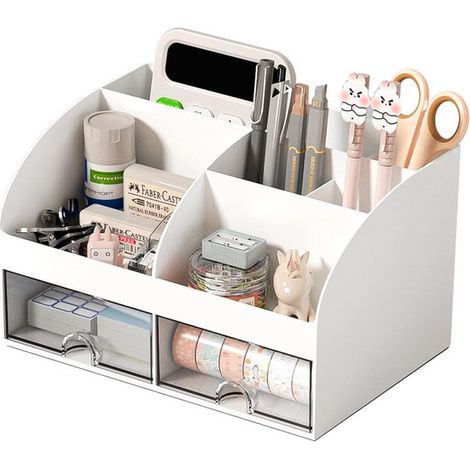 Organizzatore da scrivania con 6 scomparti e 2 cassetti, organizer cosmetico in plastica, portapenne per riporre oggetti sulla scrivania, per scrivere (1/5)