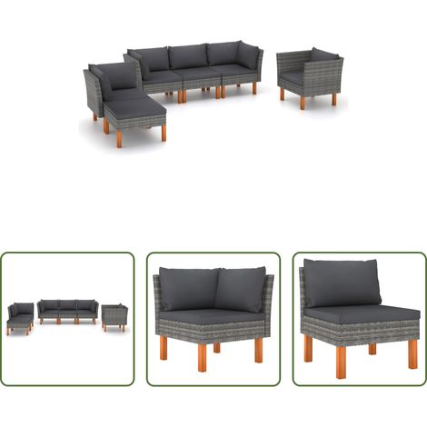 vidaXL Canapé d'angle - Salon de jardin 6 pcs Résine tressée et bois d'eucalyptus Gris (1/5)