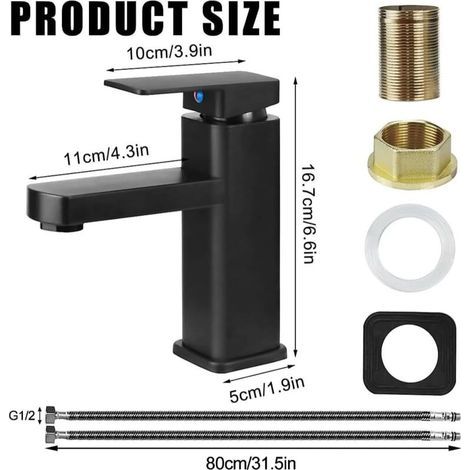 Robinet Salle Bain Noir, Mitigeur Lavabo en Alliage avec L'eau Froide et Chaude Disponible, Robinet Lavabo avec Tuyaux (1/3)