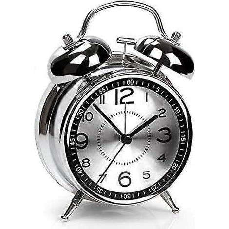 Réveil à double sonnerie extra-forte, conçu pour les dormeurs profonds - Réveil à quartz rétro silencieux sans tic-tac avec rétroéclairage et cadran lumineux, réveil de chevet (gris). (1/5)