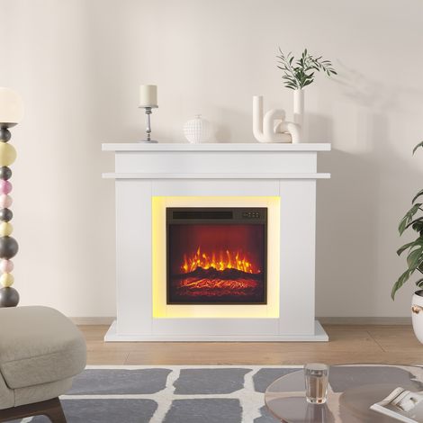 JOOKGBD-Elektrokamin,101x34.5x88.8 cm,Realistischer 3D Flammeneffekt Erwärmungsfreistehender Elektrischer Kamin mit Timer und LED-Lichtband, für Wohnzimmer, Schlafzimmer, Esszimmer,Weiß