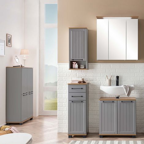 Badzimmermöbel Set 5-teilig im Landhaus-Design, grau mit Eiche Nb., JAUSA-80 (1/5)