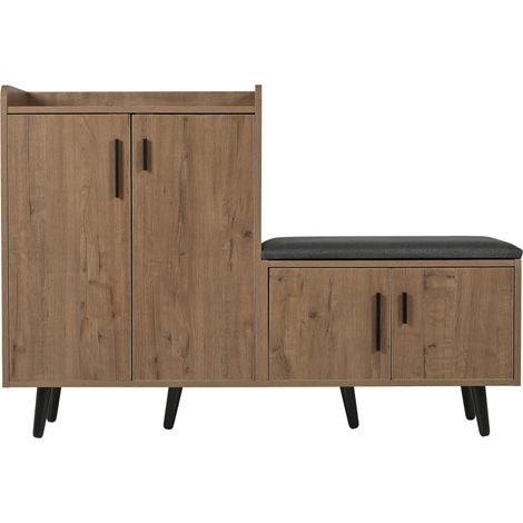 Moderner Schuhschrank mit Holzmaserung, vier Türen, asymmetrische Metallgriffe, Schuhaufbewahrung für den Flur, B120 x T34 x H82 cm