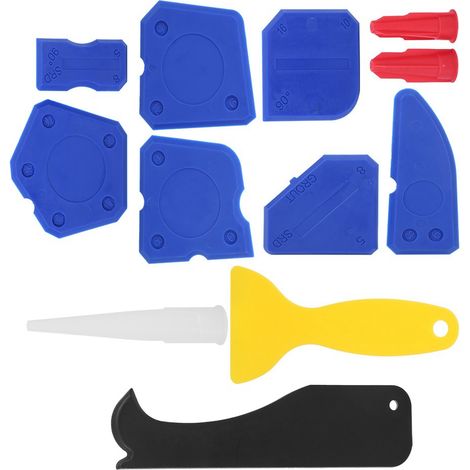 Kit de 12 outils pour mastic plastique, comprenant une spatule, un grattoir et un outil de finition pour colle à verre et silicone, idéal pour le moulage et le jointoiement. (1/5)
