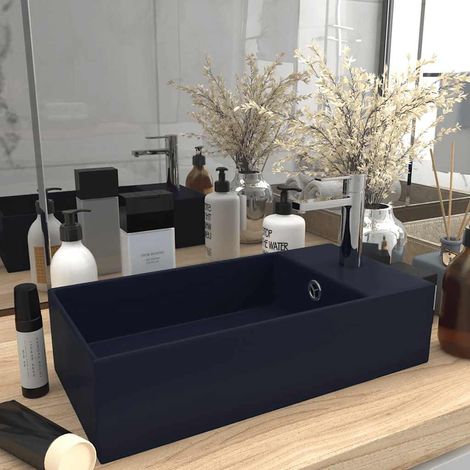 Lavabo de salle de bain avec trop-plein, en céramique, bleu foncé