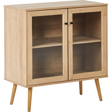 Aparador 2 puertas 1 estante tablero de partículas patas de madera de pino frente de vidrio marrón claro Albany