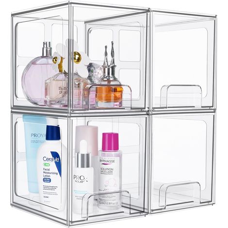 4 Pack Tiroir de Rangement, Acrylique Empilable, Poignée Intégrée, Transparent, pour Salle de Bain et Cuisine (1/5)