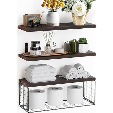 GROOFOO Etagère murale, Set de 3 étagères flottantes en bois avec panier en fil métallique, étagère murale, étagère à épices, étagère suspendue pour la salle de bain, le salon, la buanderie (1/4)