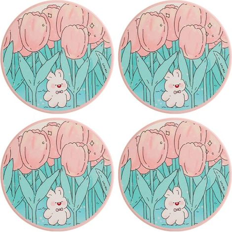 Lot de 4 dessous de verre en bois et pierre absorbante, tapis isolants pour tasses, motif lapin et ours (1/4)