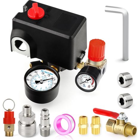 Soupape de commande du pressostat du compresseur d'air 120-155 PSI 110V-240V Pièces de rechange pour port latéral à 4 voies avec régulateur de compresseur d'air et soupape de sécurité (1/5)
