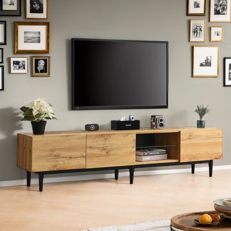 URBAN MEUBLE Meuble TV moderne effet grain de bois avec lumières LED variables 175x31x41cm (1/5)