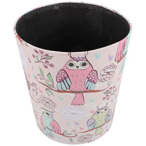 Poubelle Portable Ronde En Cuir Rose Motif Hibou Sans Couvercle Pour Bureau Usage Quotidien Panier De Rangement Étanche (1/5)