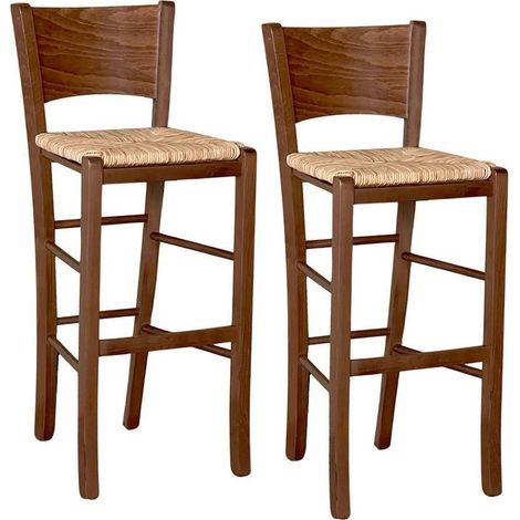 Lucy Barhocker aus dunklem Walnussholz, H 73 cm, mit Sitzfläche aus Reisstroh x 2
