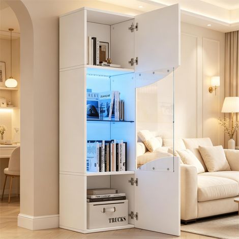 REDOM - Vitrine de salon - 35x50x165 cm - rangement à 4 niveaux - éclairage LED intégré - verre trempé - panneau de particules - blanc