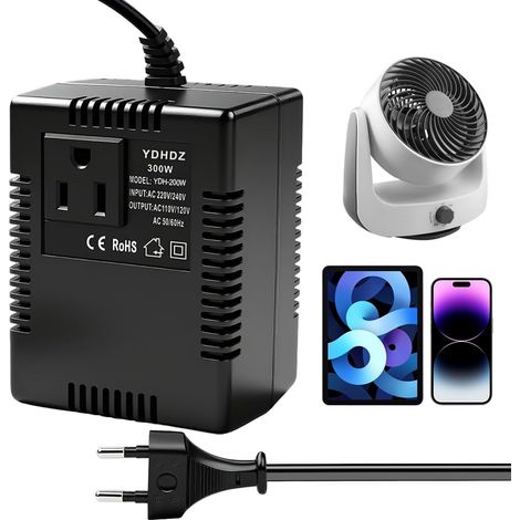 Transformateur de tension 220 V vers 110 V, adaptateur secteur 300 W - Convertisseur de courant de voyage avec prise européenne pour purificateurs d'air, ordinateurs et mini caméras (1/5)