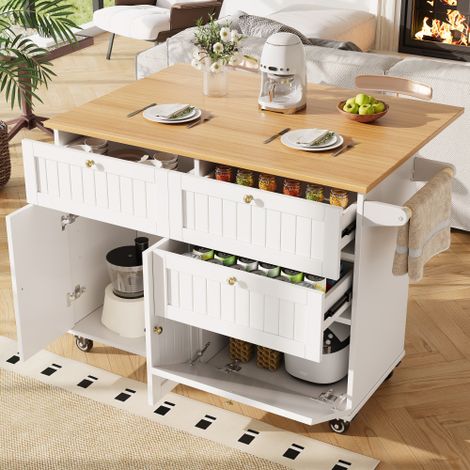 Îlot de Cuisine Mobile Pliable Blanc MDF Veinage Bois 133cm, Tablette Rabattable 0-90°, Porte à Fermeture Amortie, Roulettes et Pieds Réglables (1/5)