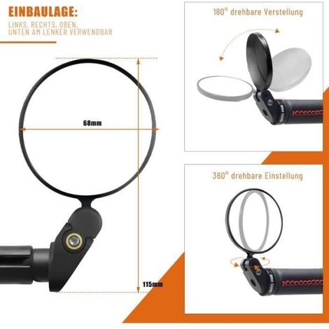 Rétroviseur Vélo - Miroir Convexe 360° Réglable - Montage Guidon - 2 Pièces (1/4)