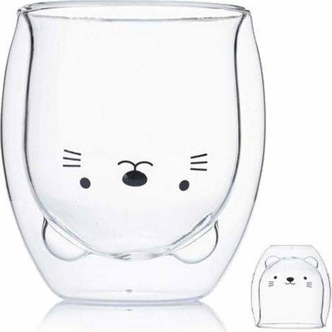 Tasse de café Double paroi isolée Coupe à Lunettes Animal Mignon thé Lait Tasses Cadeau Original pour Noël Action de graces Copains (Chat)-Fei Yu